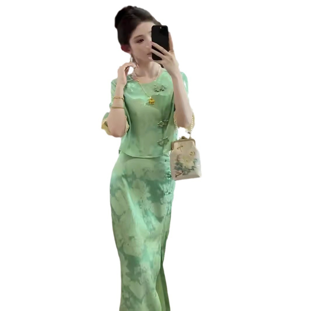 Bộ váy hai mảnh kiểu Trung Quốc mùa hè dành cho nữ, thiết kế sang trọng nhẹ nhàng — Màu xanh lá