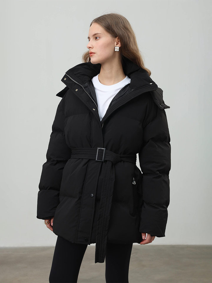 Áo khoác bông nữ có mũ, khóa kéo, thắt eo dáng ôm, dài trung bình, chất liệu polyester dày — màu nâu, màu đen, quả mơ chi tiết 30