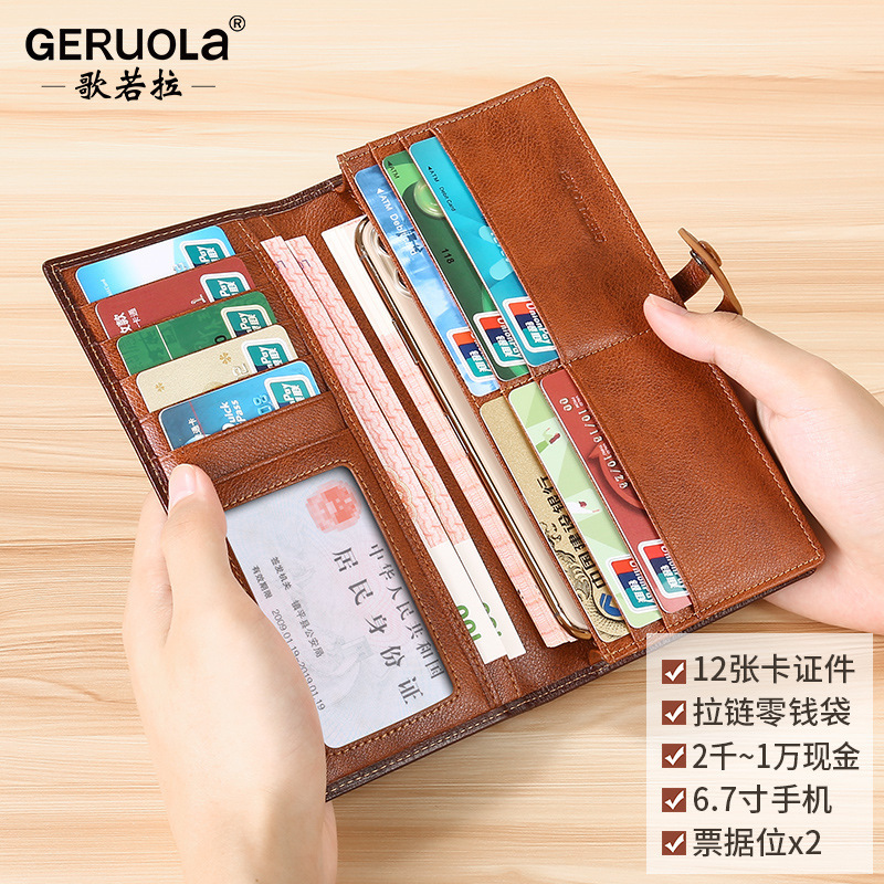Cartera de cuero de capa larga para hombre, posición de múltiples tarjetas, bolso de embrague de cuero retro, billetera de cepillo antirrobo, hebilla de color