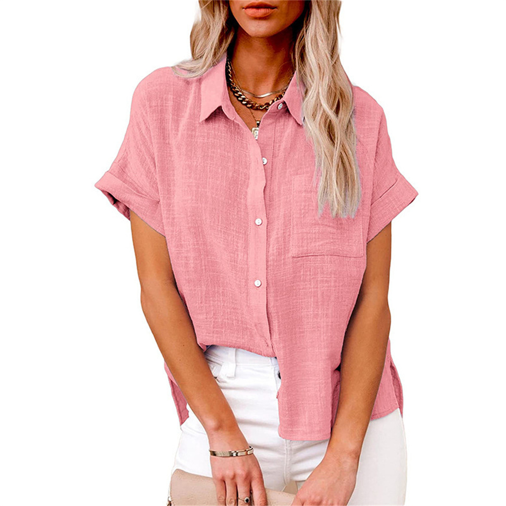 Women's Cotton Linen Short Sleeve Shirt With Pocket Spring/Summer Top For Commuter And Casual Wear_ecoleips.com