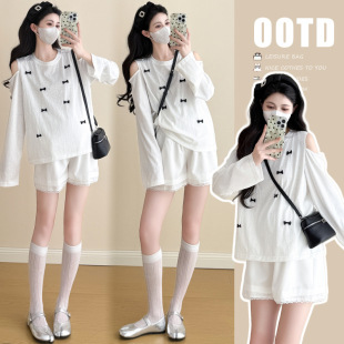Maternity 2025 Summer New Bow Shoulder Sunscreen T-shirt Lace Pregnant Women Shorts Two-piece Set