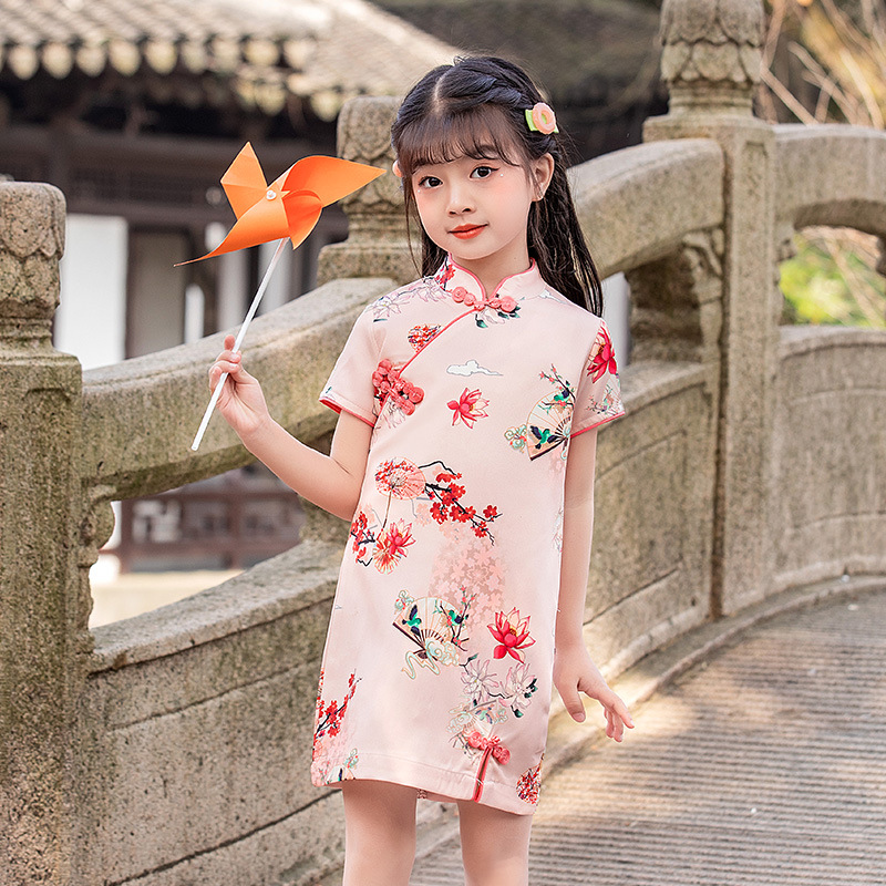 Dream Feather Girls' Short-sleeve Cheongsam Summer New Stylish Fairy Baby Four-way Stretch Print Children's Dress