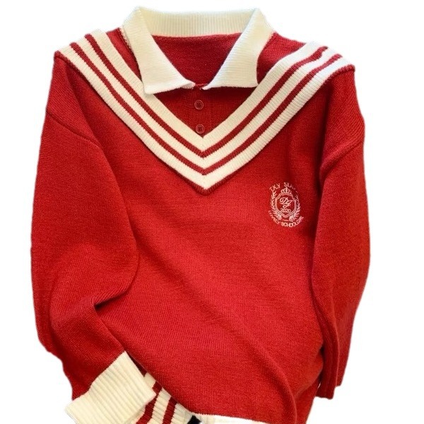 Estilo preppy rayas falso suéter de dos piezas para las mujeres primavera y otoño nuevo cuello de polo suelto dulce JK