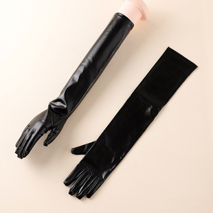 Wedding Patent Leather Gloves for Female Brides, Black Long Hepburn Style Retro High-End Princess Celebrity Evening Dress Accessories