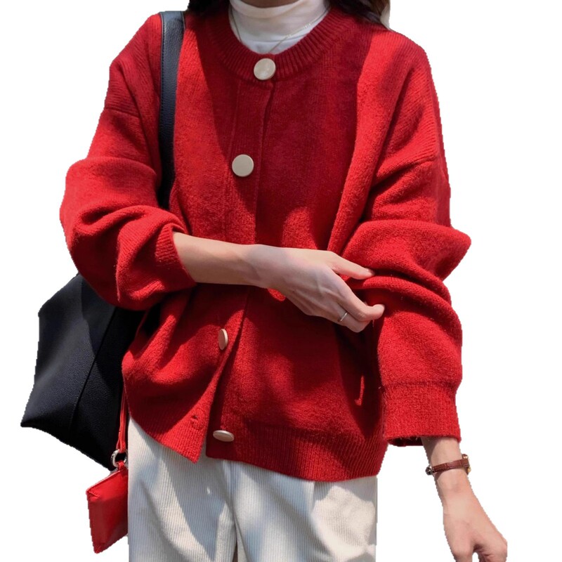 奶黄色宽松慵懒风圆领针织开衫女2025秋冬新款显瘦毛衣外套上衣潮|undefined