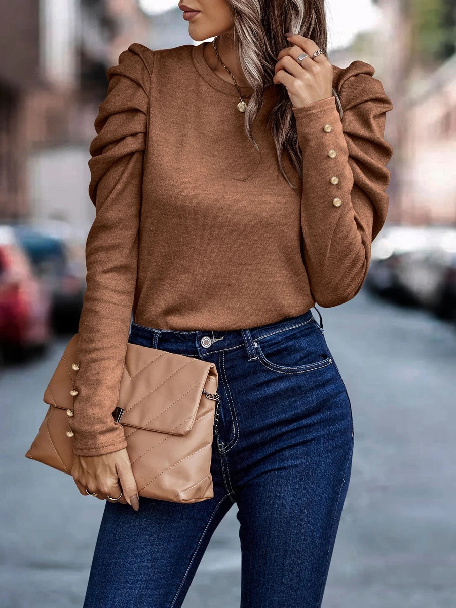 Polyester Fabric Type Regular Top Length T-shirt Tops Type Wholesale Women's Casual Solid Color Long Sleeve Button T-Shirts