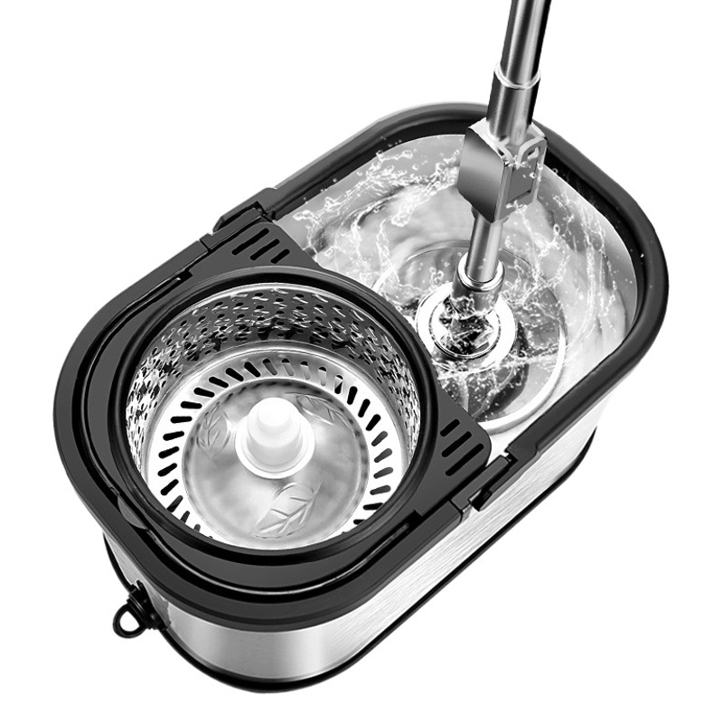 Fregona giratoria de doble uso (húmedo/seco) con cubo redondo, sistema manos libres, diseño para limpieza doméstica eficiente