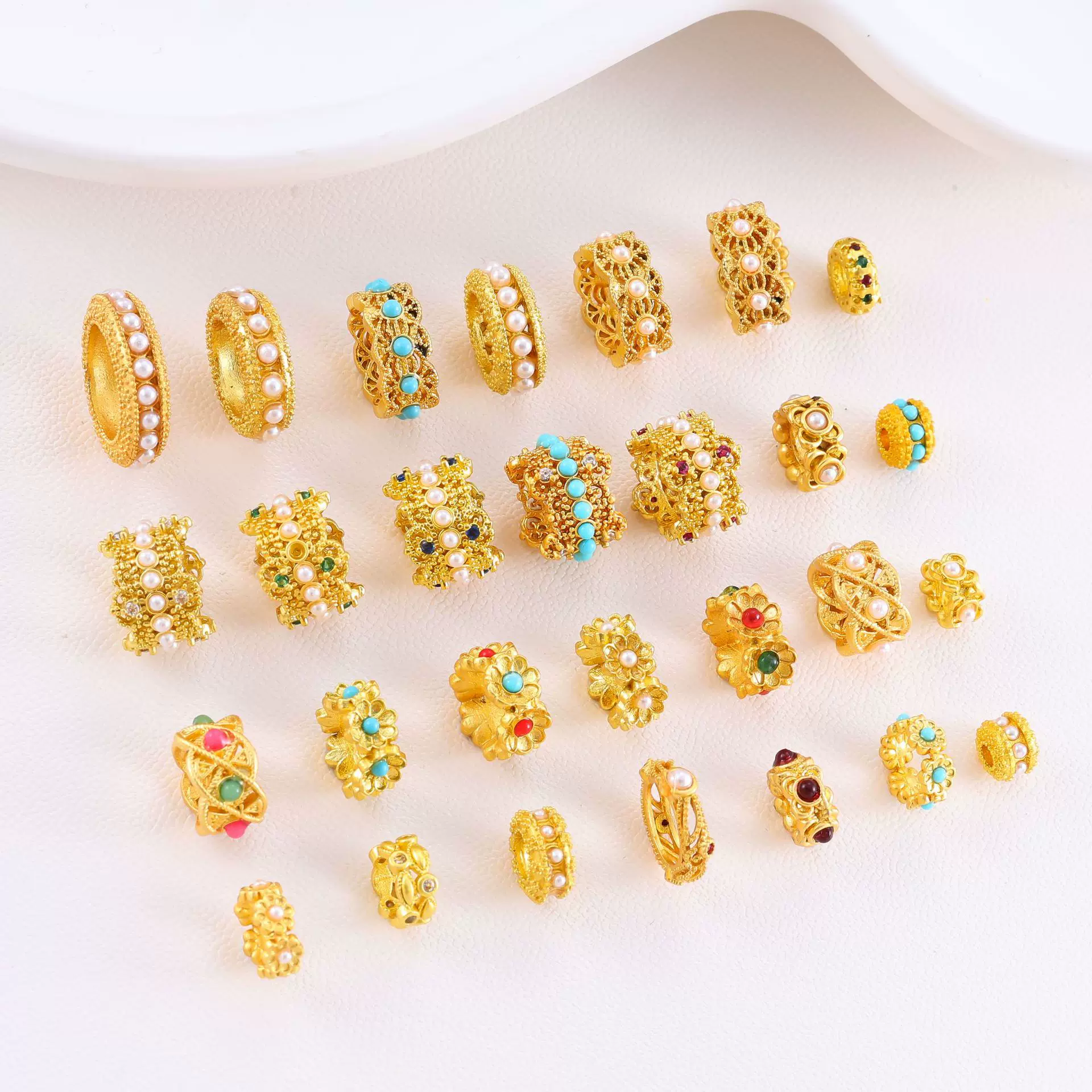 高保色镀金珍珠跑环镶嵌绿松石隔圈 镂空穿孔珠diy手串饰品配件