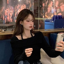 纯欲挂脖毛衣女春秋季2025新款设计感小众一字肩打底内搭针织上衣