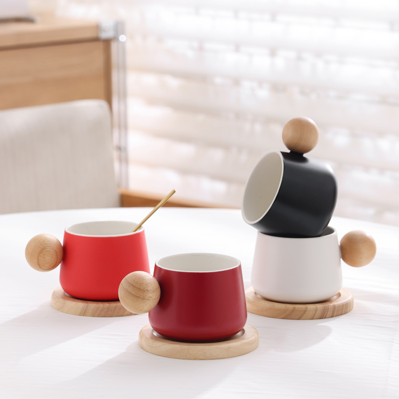 Taza de café de moda, regalo de mano, taza de cerámica, taza de roble, mango de taza con plato, cuchara, caja de regalo, bolsas, LOGO grabado