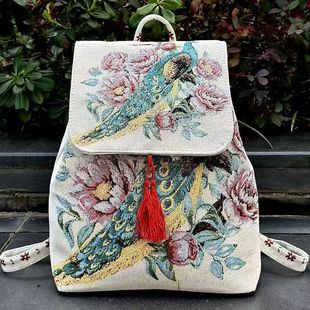 New Yunnan Ethnic Style Embroidered Backpack Peacock Elephant Travel Leisure Versatile Gold Silk Embroidered Canvas Bag for Women