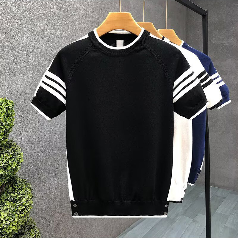 Polo camiseta de punto camiseta de manga corta hombre tres barras TB rayas tricolores aberturas camiseta vieja fábrica de viento de dinero transfronterizo mayorista