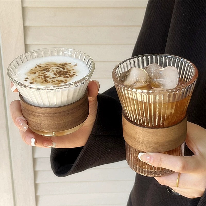 Accordion-Shaped Waist Cup, Ear-Hanging Coffee Cup, Iced American Latte Latte Art Cup, Bamboo Sleeve Tea Cup, Glass Cup for Cafe Use