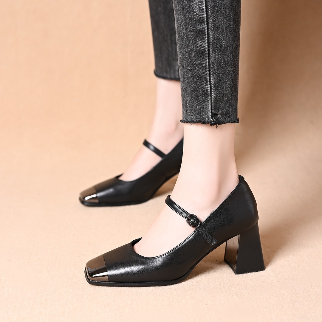 High Heels Square Toe Color Block Single 2026 New Export European And American Style Shallow Mouth Ankle Strap Thick High Heel_voghion.com