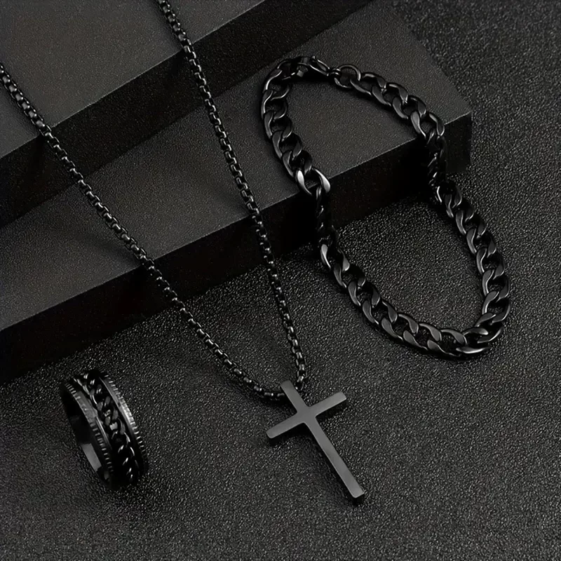 Стильная Hip-Hop Cross подвеска, браслет, набор колец в чёрном, серебряном или золотом цвете