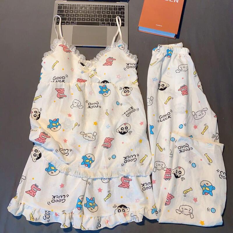 Japanese Style Sweet Crayon Shin-new Same Sling Three-piece Set Pajamas Women's Cute Woven Bubble Cotton Set with Chest Pad