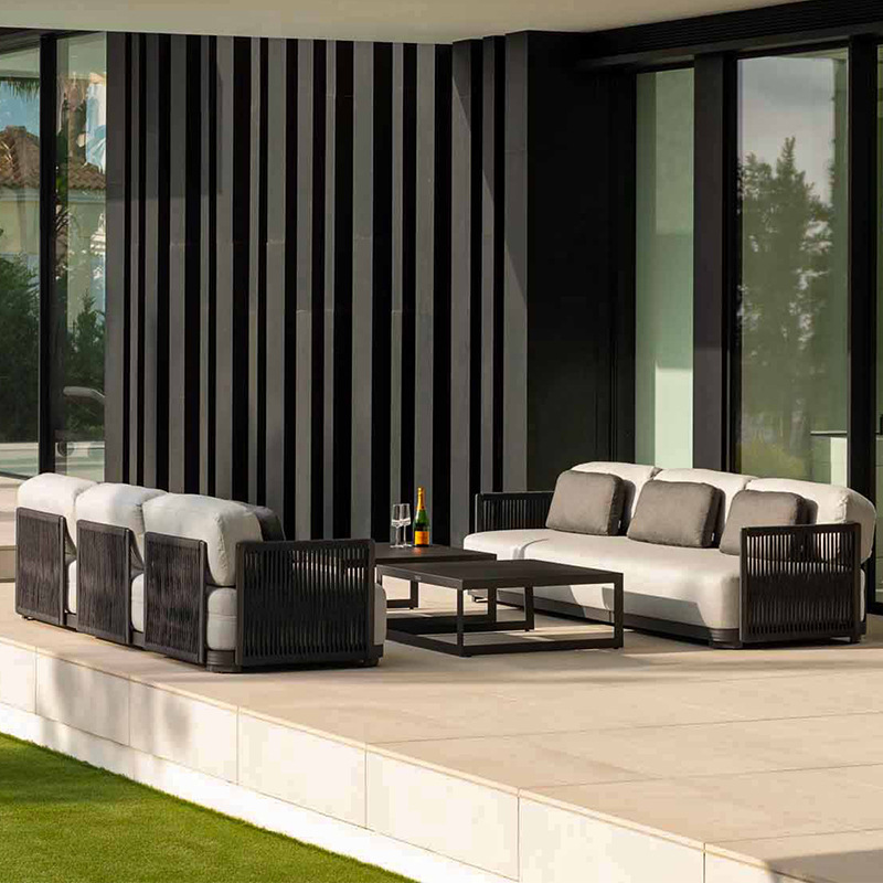 Sofá de tejido de cuerda al aire libre patio jardín terraza balcón hotel de alojamiento residencial cama reclinada de ocio protección solar impermeable mesa de té combinación