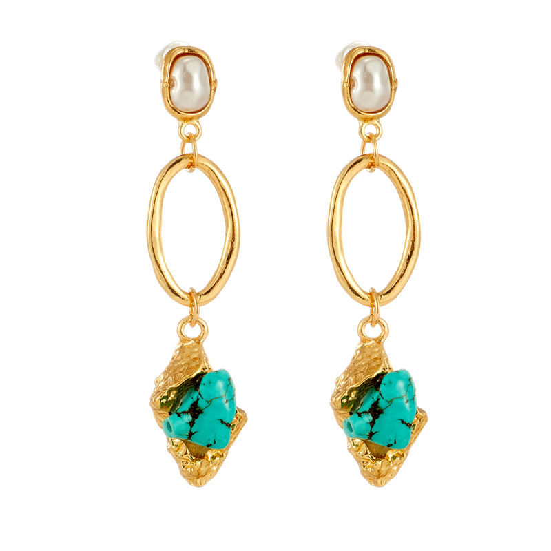 fashion copper-plated 14k real gold natural stone retro turquoise earrings