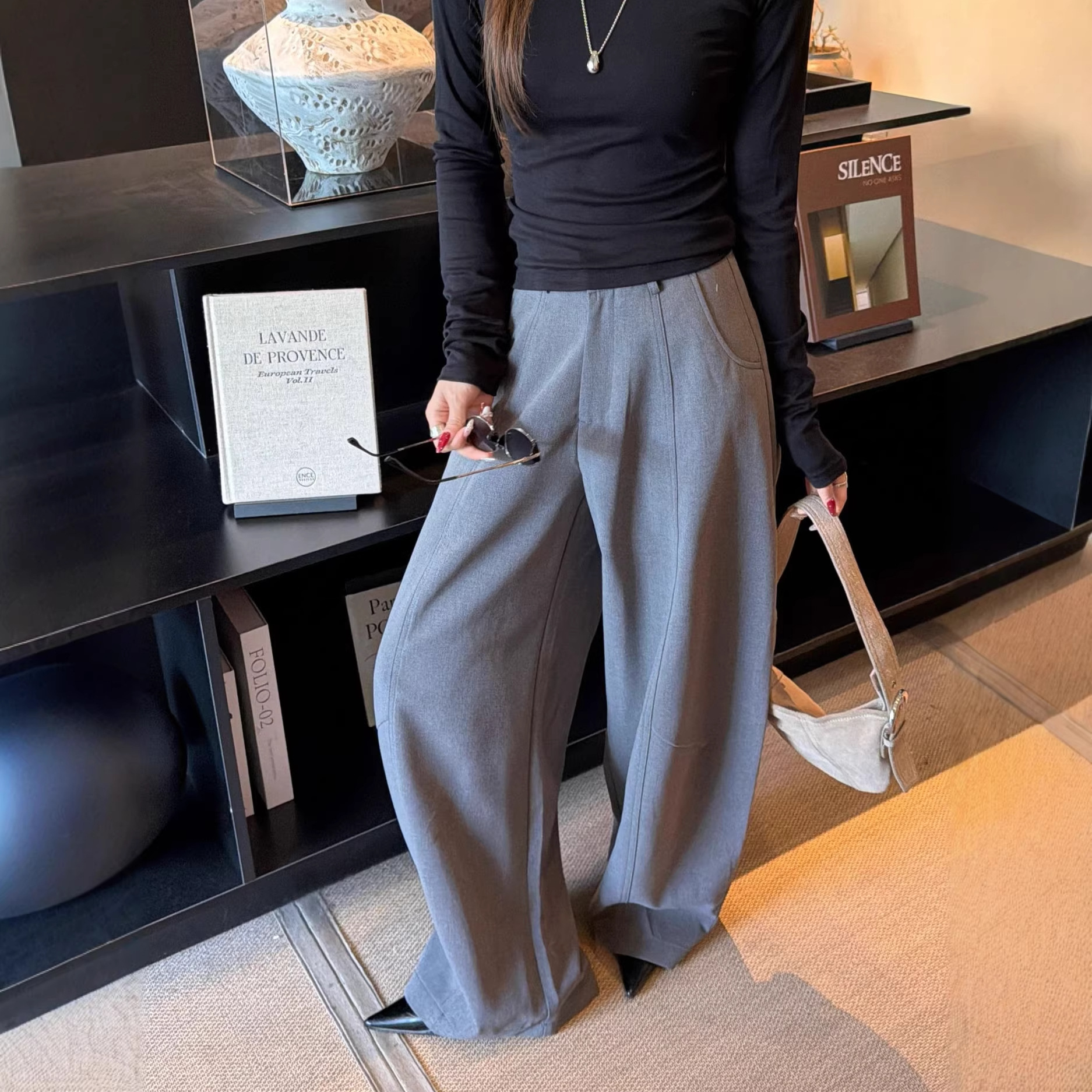 11Kn Women's American Retro Black Straight-Leg Wide-Leg Trousers, Loose Straight-Cut Old Money Style Versatile Casual Pants for Commuting