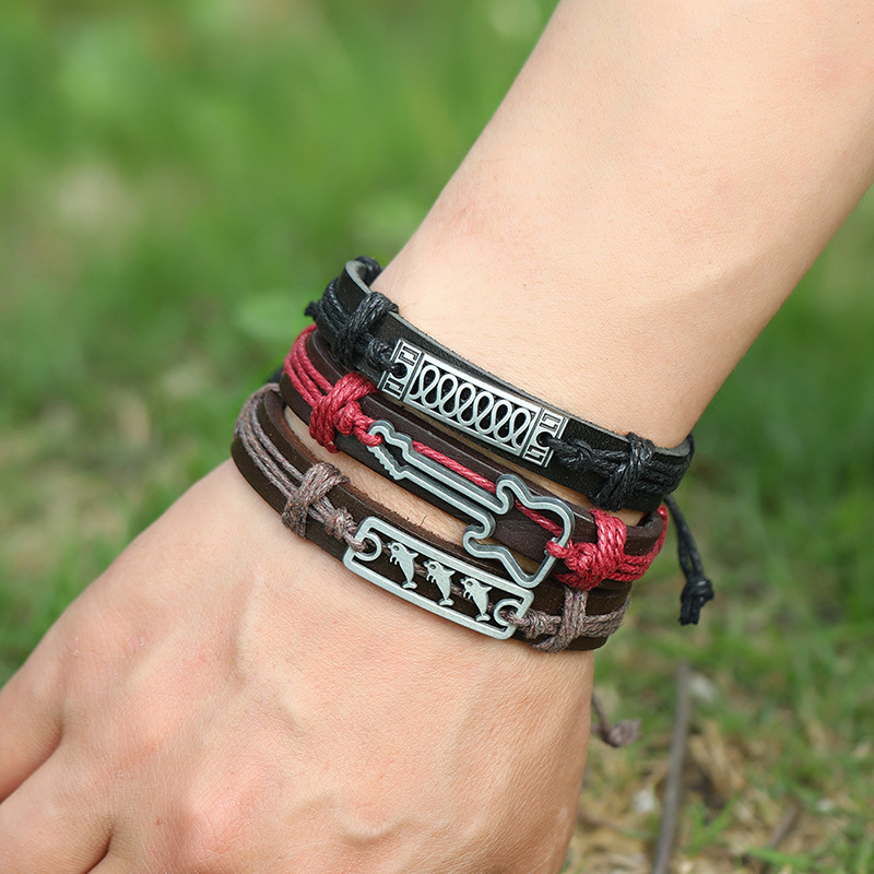 retro simple wings leaf feather woven cowhide bracelet set