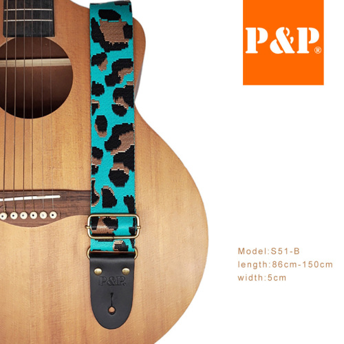 Praise PP Guitar Strap,  New Model S51, Leopard-Print Black Genuine Leather Guitar Strap