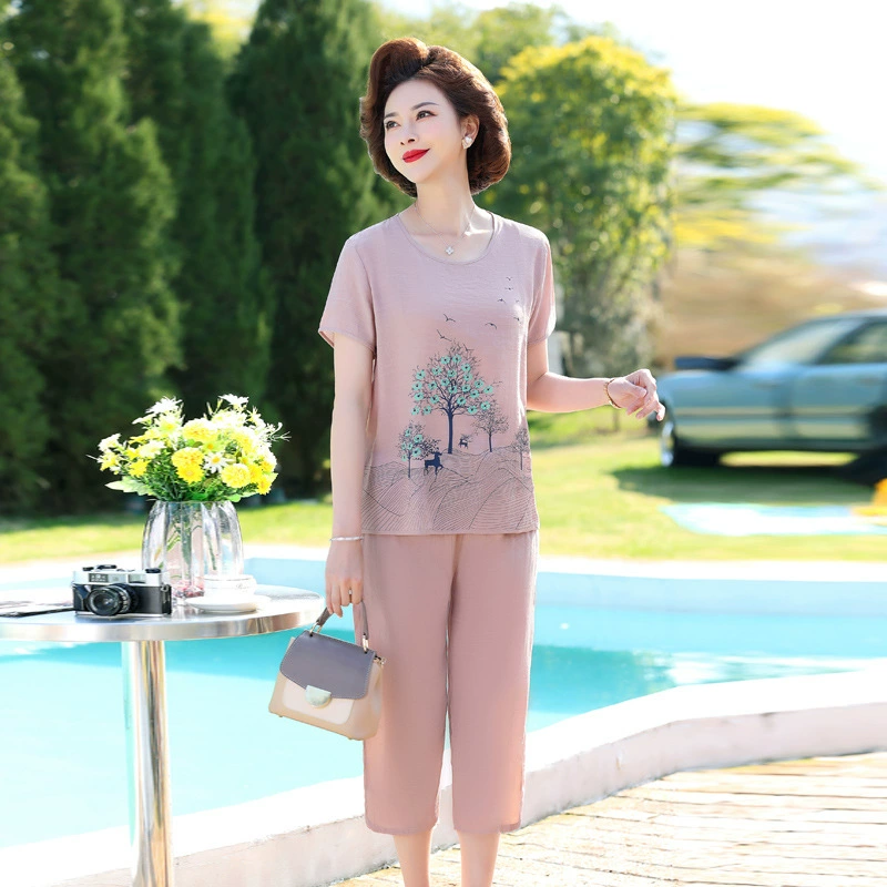 Среднее и старое женское лето новый повседневный набор с короткими рукавами