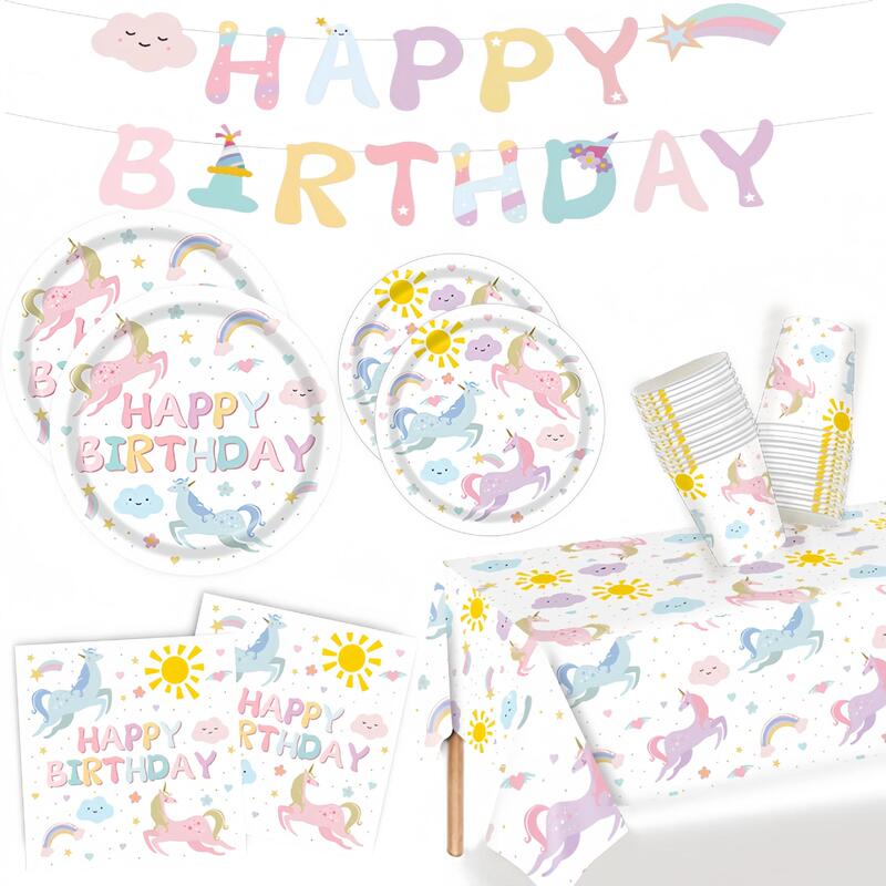 New Cross-Border Fantasy Unicorn Birthday Party Paper Plate Rainbow Pony Disposable Plate Set Party