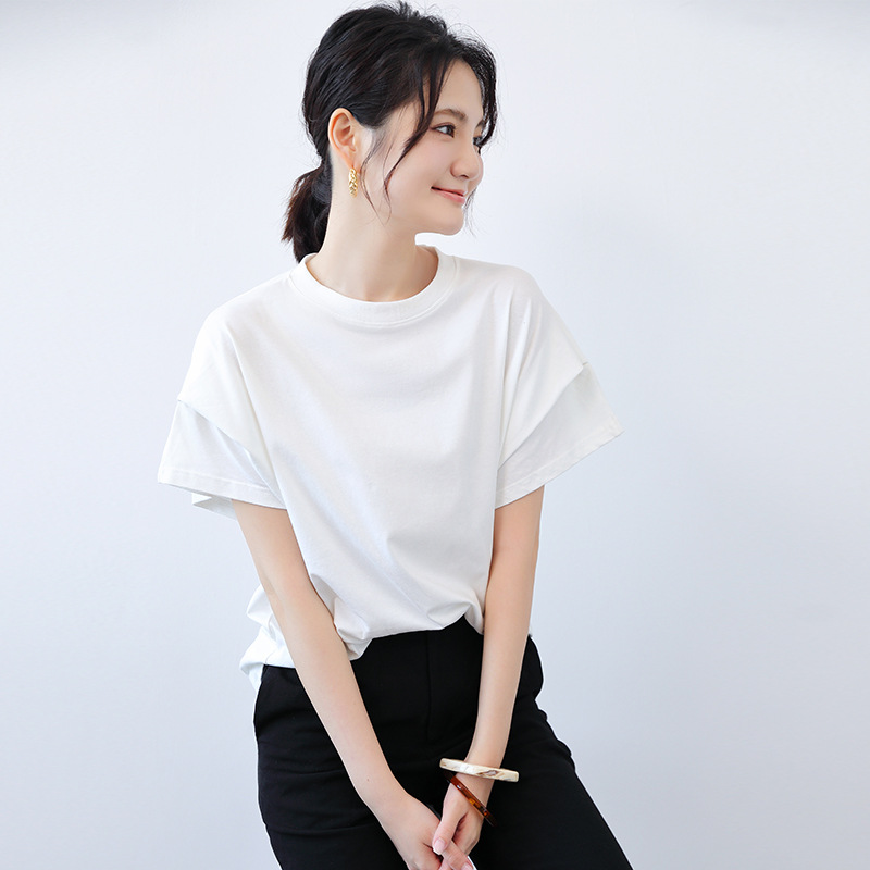 Estilo japonés transfronterizo artístico simple delgada suelta a rayas manga corta Camiseta diseño cuello redondo manga de murciélagos estilo coreano