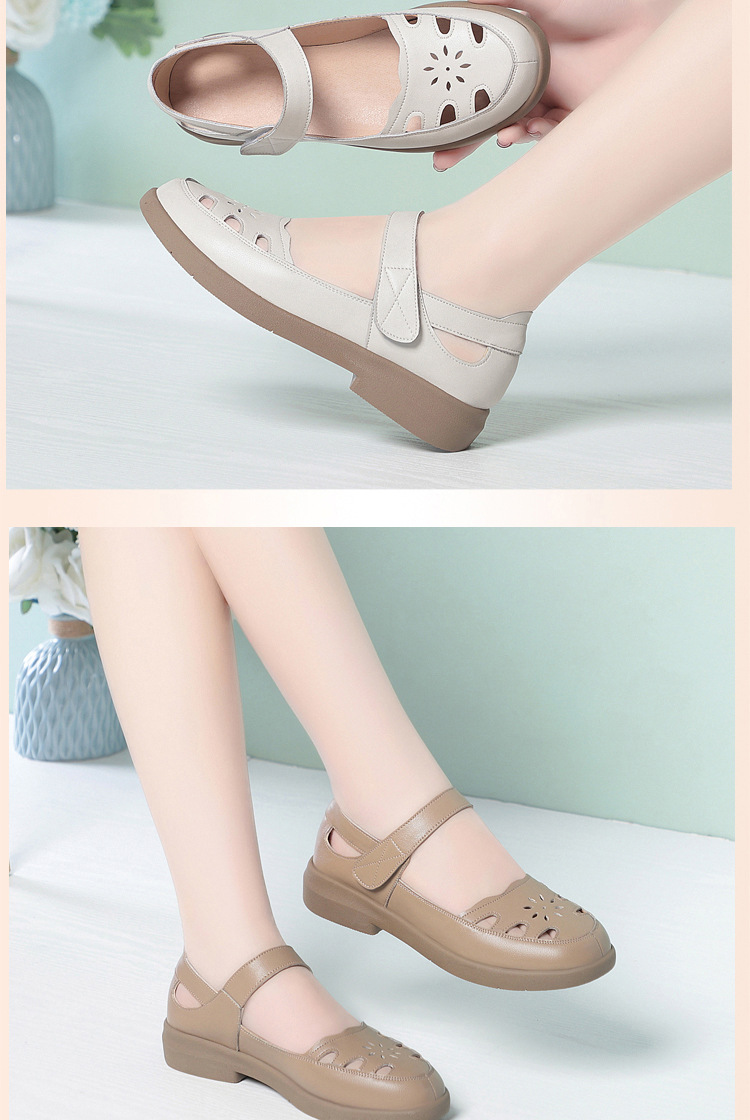 Sandal da thật lỗ thoáng khí đế mềm cho nữ trung niên, đế cao su bền bỉ — màu be chi tiết 11