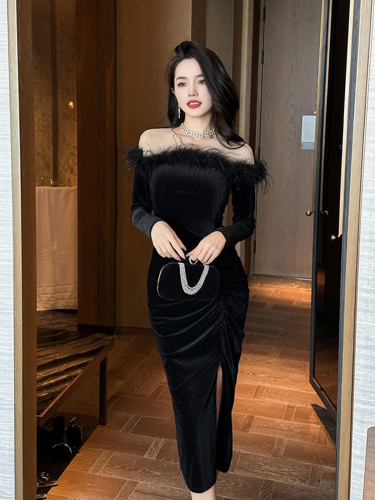 Đầm maxi nhung tua rua phong cách tiểu thư Pháp — Màu đen