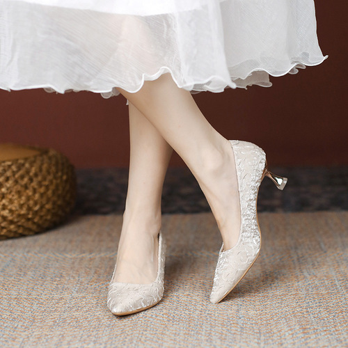 Ladies' High Heels  Summer New Square Toe Comfortable Slim Heel Elegant Soft Leather Comfortable Matchable Low Mouth Women's Shoes