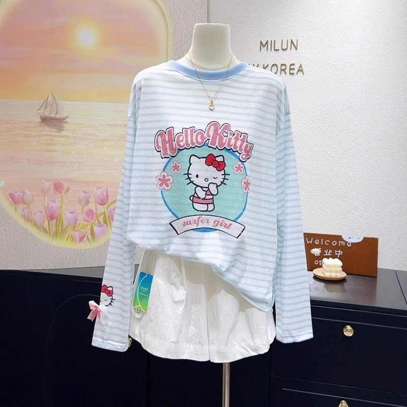 Korean Age-Reducing Kitty Cat Print Top Milk Blue Stripesd Thin Long-Sleeved T-Shirt Women's Sun Protection Blouse Large Size Autumn Korean Age-Reducing Kitty Cat Print Top Milk Blue Stripesd Thin Long-Sleeved T-Shirt Women's Sun Protection Blouse Large Size Autumn