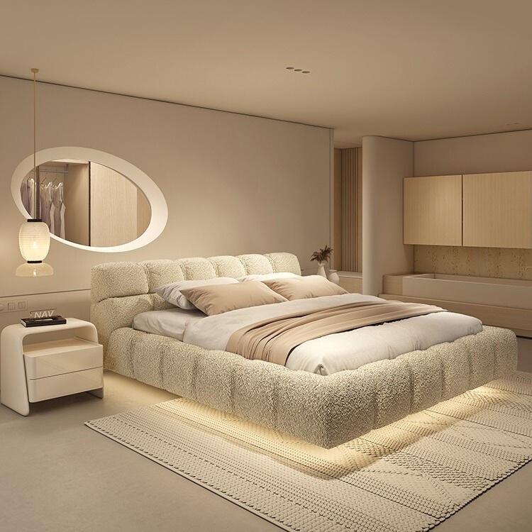 Cream-Style Floating Bed, Modern Minimalist Cloud Puff Bed, New Model for Master Bedroom, Tech Fabric Large Bed, Nordic Double Fabric Bed