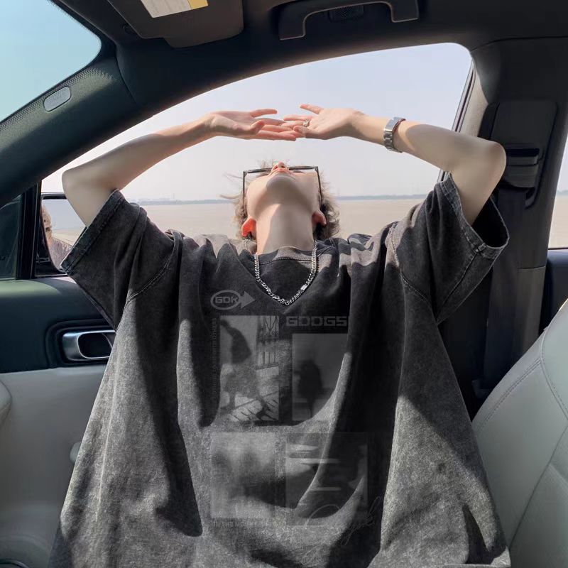 Camiseta de manga corta de algodón puro desgastado lavado retro americano para hombre, camiseta de media manga de marca holgada informal de verano para hombre