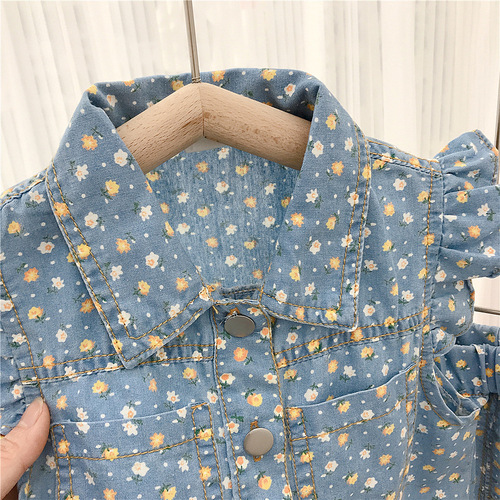 Girls summer flying sleeve denim floral suit baby girl clothes Korean version 2024 new children's two-piece set
