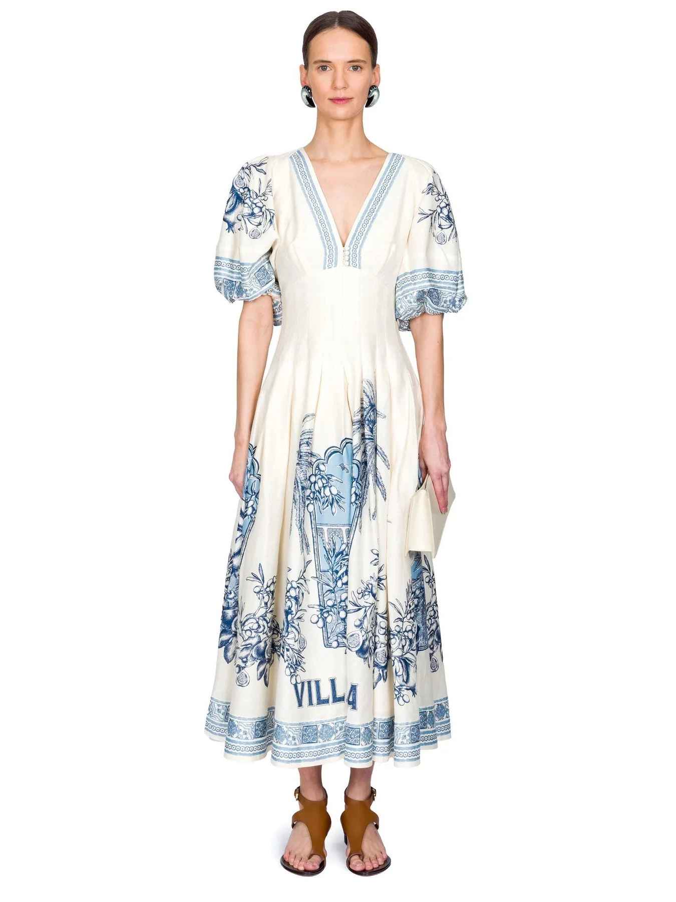 Cross-Border European and American 2026 New V-Neck Linen Puff Sleeve Printed A-Line Dress Holiday Style Long Dress