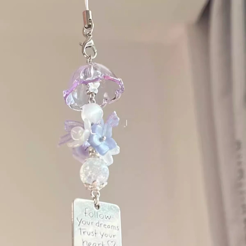 Ocean Fairy Purple Jellyfish Wind Chime Pendant Handmade Beaded Phone Chain Keychain Gift for Friends
