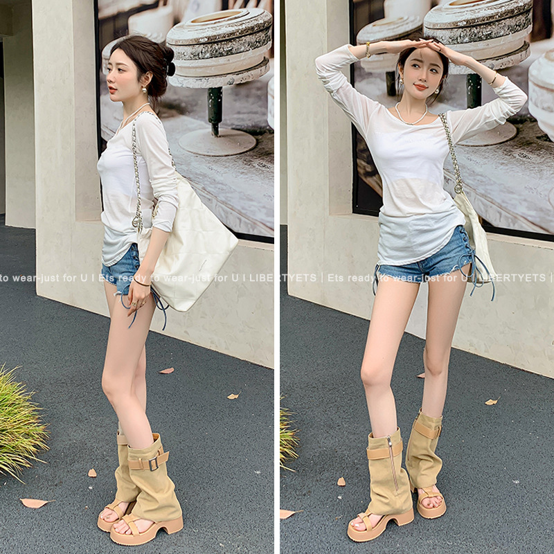 Sandal cao gót hở mũi nữ đế dày gót vuông, quai thắt lưng da bò — Màu đen