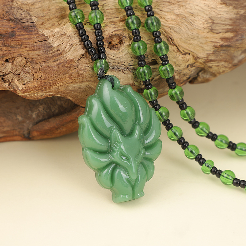 Rose Quartz Pendant, Obsidian Nine-Tailed Fox Necklace, Jade, Autumn/Winter Style, Unisex Versatile Long_voghion.com