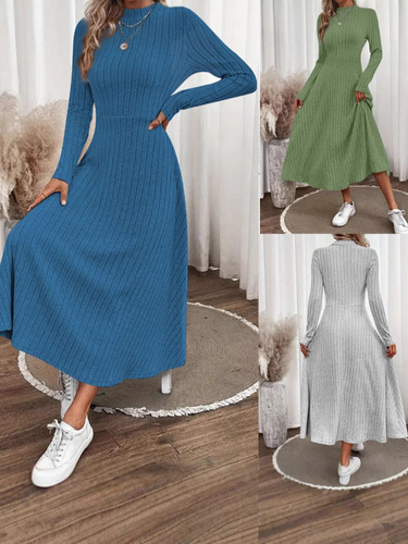 eBay Western and Eastern Autumn and Winter Fleece Pitted Striped Dress Fashion and Elegant Solid Color Round Neck Dress