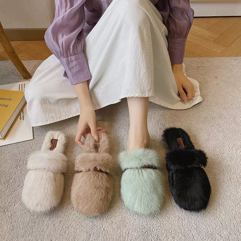 Женская верхняя одежда Мао Туо с пуговицами на плоской подошве 2023, новые модные хлопковые тапочки с мехом кролика