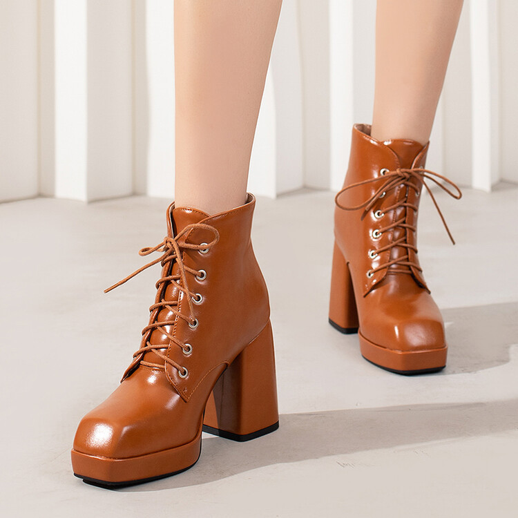 Solid color square head front strap waterproof platform thick heel short leg boots_voghion.com