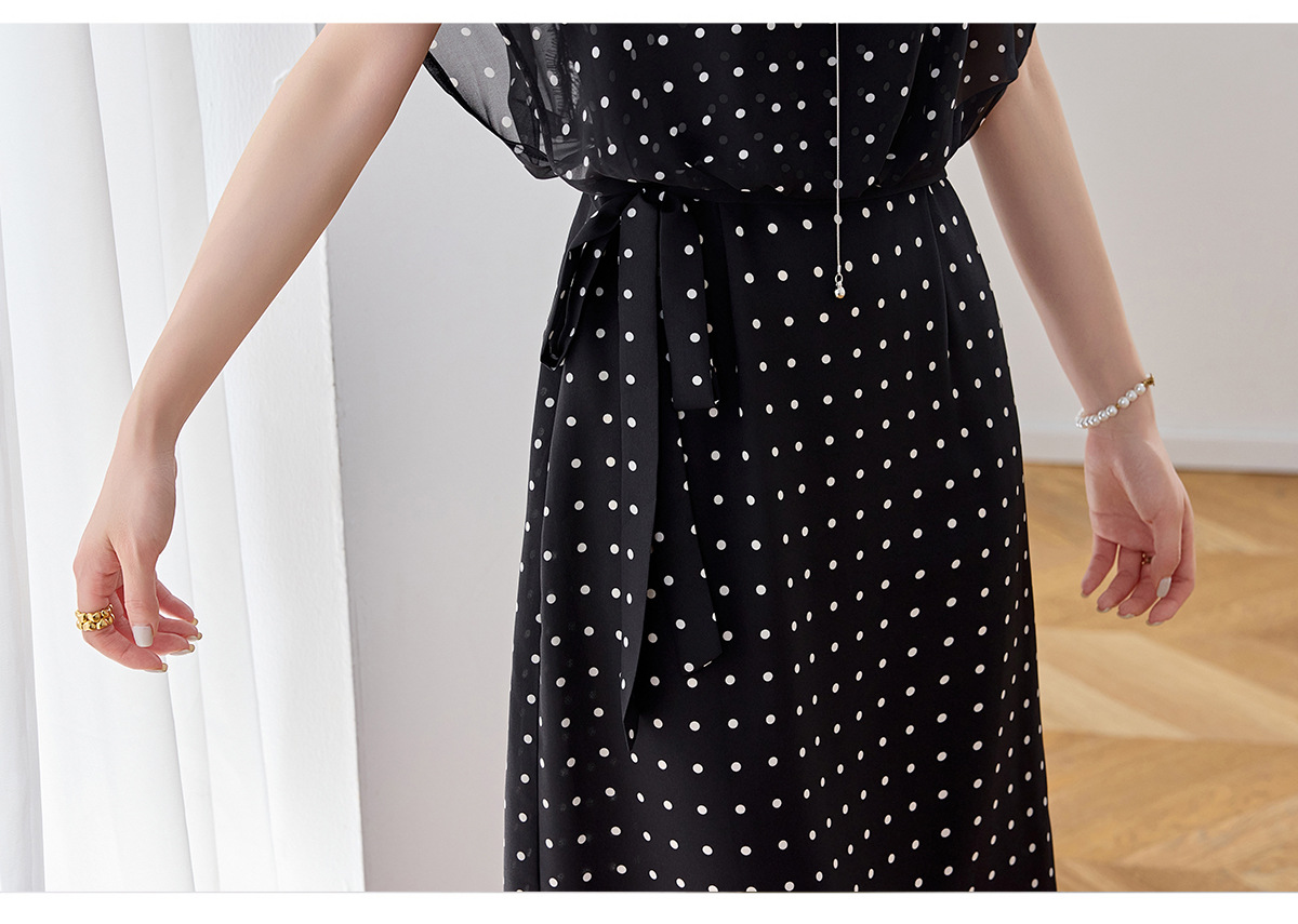 Đầm maxi nữ thắt eo thiết kế tân cổ điển cao cấp — màu đen, Chấm tròn chi tiết 25