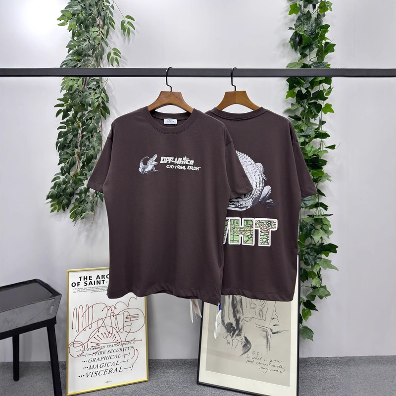 High-Quality Cross-Border Foreign Trade European and American Trendy Brand Ow Crocodile Letter Foam Style Hot Stamping Short-Sleeved T-Shirt Loose Couple Style
