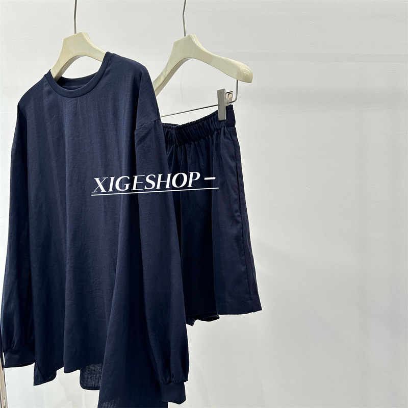 Tencel Linen Lazy Casual Suit Women's Summer Navy Blue Long-Sleeved Sun Protection Top + High-Waisted Wide-Leg Shorts Thin