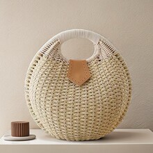 简约热销草编包新款日韩风编织包半圆沙滩包手提圆形纸绳编织包女