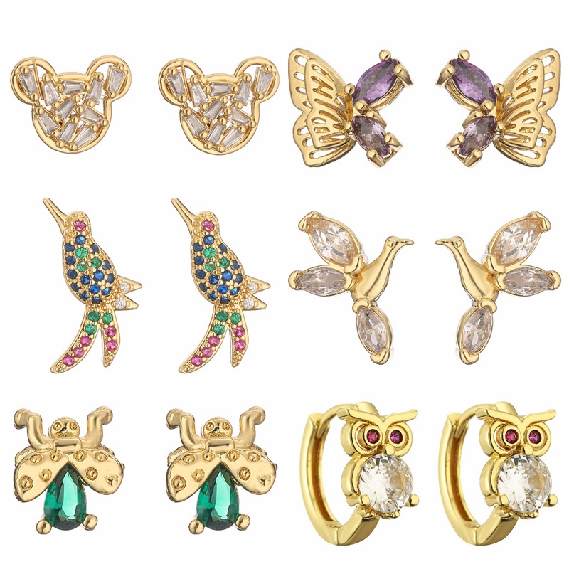 Venta caliente europea y americana transfronteriza de cobre chapado en oro pájaro mariposa Stud pendientes simple diseño de moda todo fósforo pendientes de insectos