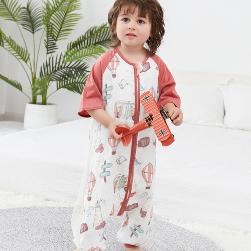 Summer bamboo cotton infant split-leg sleeping bag gauze children's short-sleeved antibacterial bamboo fiber baby pajamas Category A thin