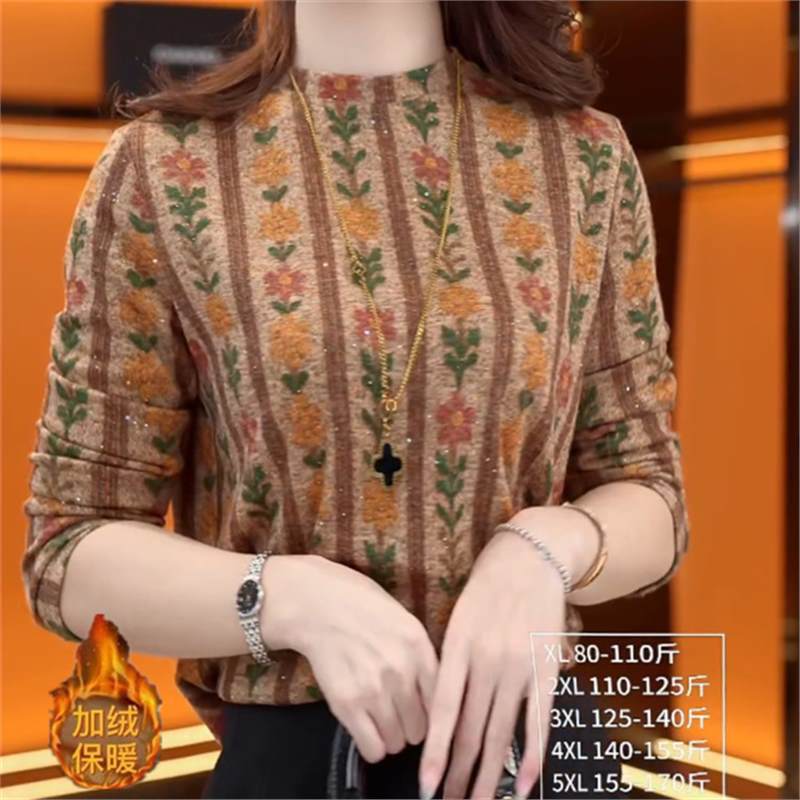 Trendy and Fashionable Retro Printed Fleece-Lined Age-Reducing Base Shirt for Autumn and Winter 2025, Popular for Dropshipping