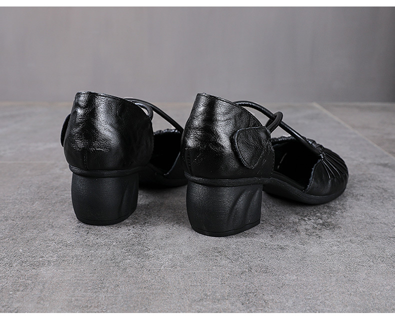 Sandal nữ da bò cao gót vuông mũi kín kiểu La Mã đan thủng — màu đen chi tiết 12